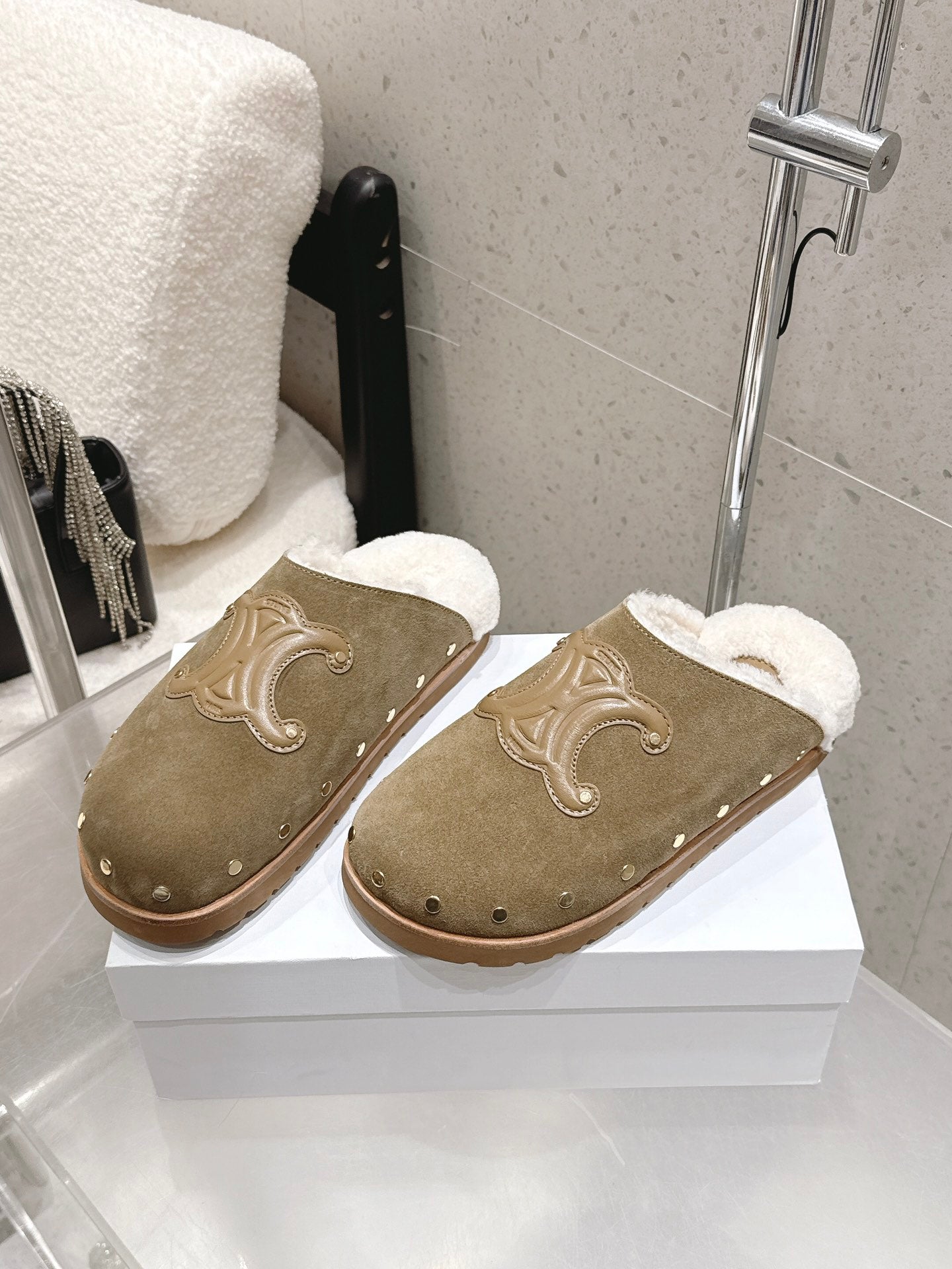 Celine Pitea Clogs Taupe Suede Calfskin Shearling 610961
