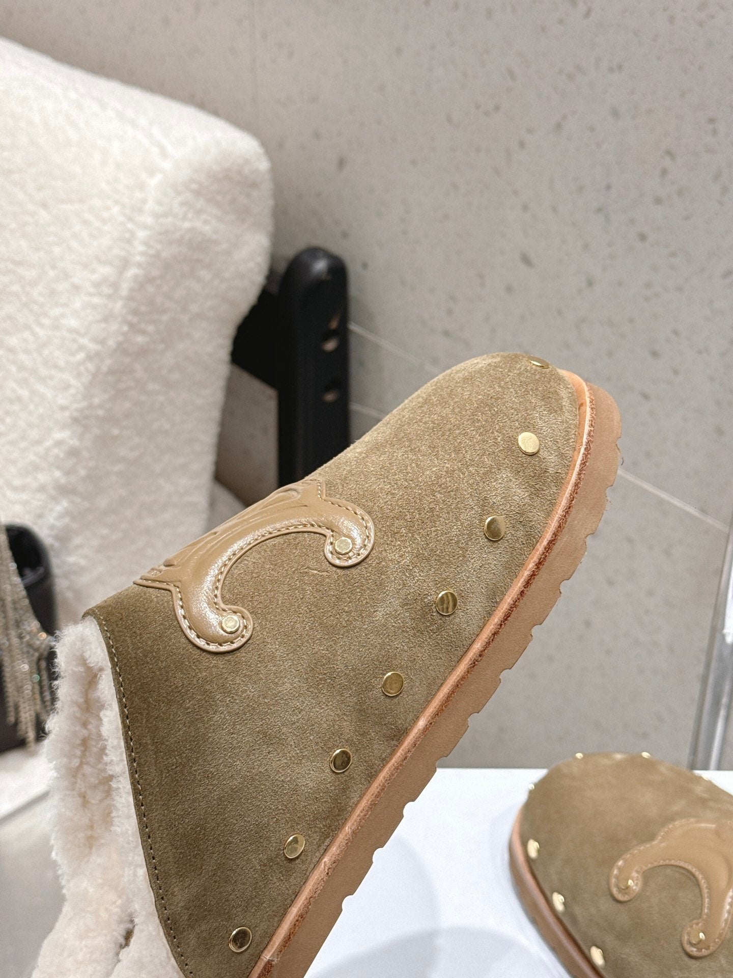 Celine Pitea Clogs Taupe Suede Calfskin Shearling 610961