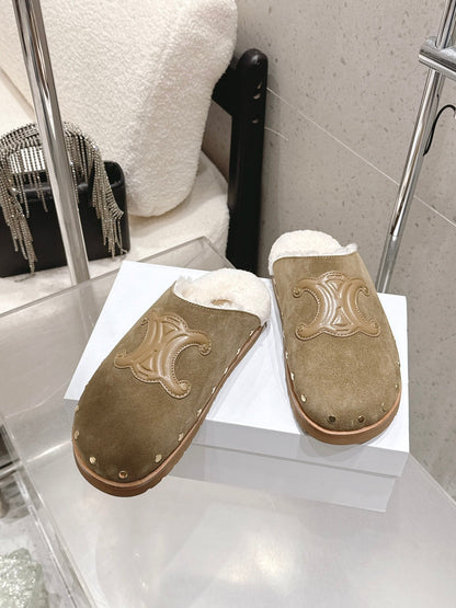 Celine Pitea Clogs Taupe Suede Calfskin Shearling 610961