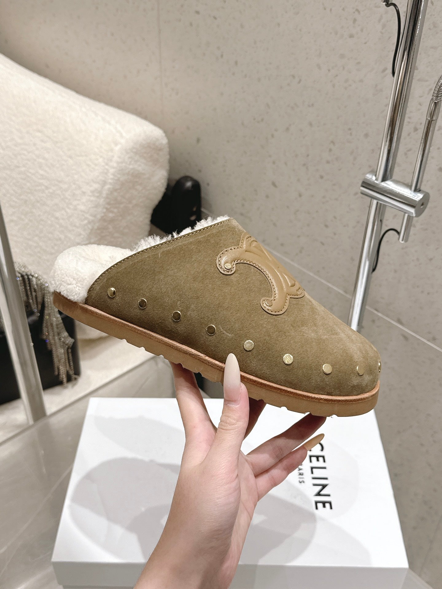 Celine Pitea Clogs Taupe Suede Calfskin Shearling 610961