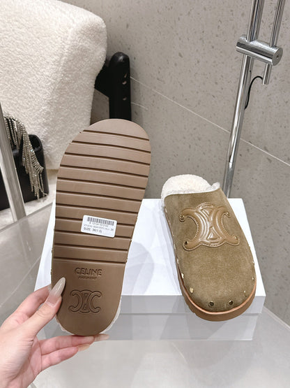 Celine Pitea Clogs Taupe Suede Calfskin Shearling 610961
