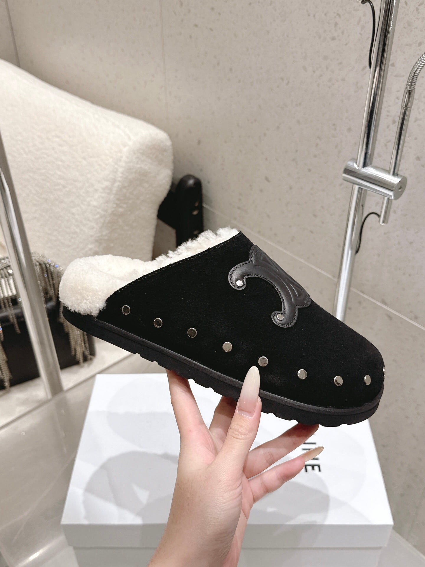 Celine Pitea Clogs Black Suede Calfskin Shearling 610962