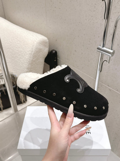 Celine Pitea Clogs Black Suede Calfskin Shearling 610962
