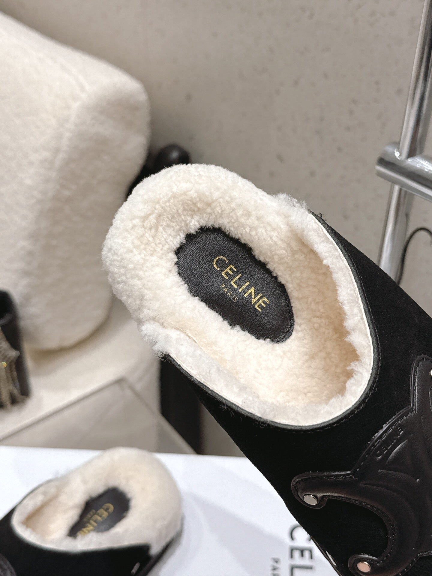 Celine Pitea Clogs Black Suede Calfskin Shearling 610962
