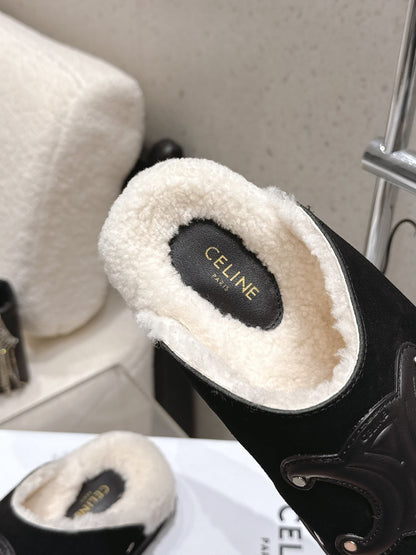 Celine Pitea Clogs Black Suede Calfskin Shearling 610962