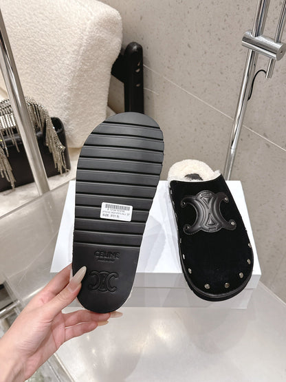 Celine Pitea Clogs Black Suede Calfskin Shearling 610962