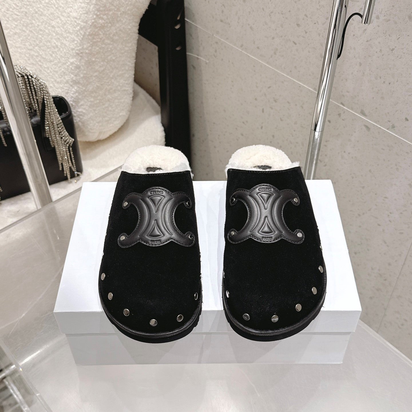 Celine Pitea Clogs Black Suede Calfskin Shearling 610962