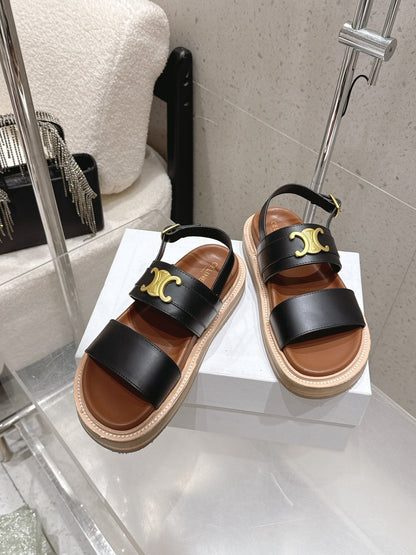 Celine Triomphe Sandals Black Brown Calfskin 610937
