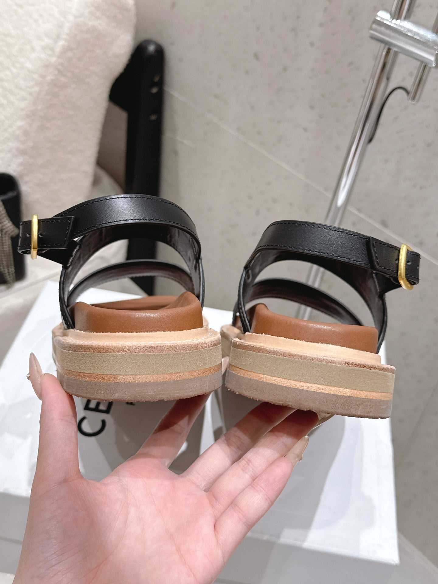 Celine Triomphe Sandals Black Brown Calfskin 610937