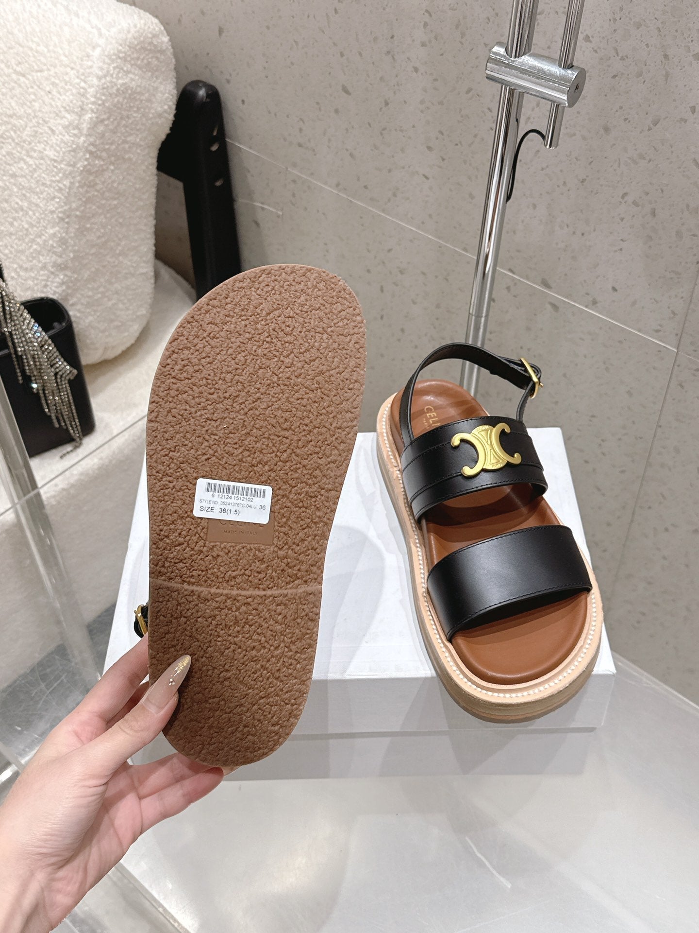 Celine Triomphe Sandals Black Brown Calfskin 610937