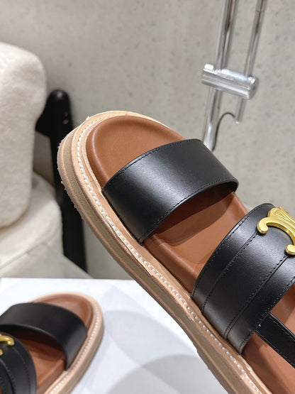 Celine Triomphe Sandals Black Brown Calfskin 610937