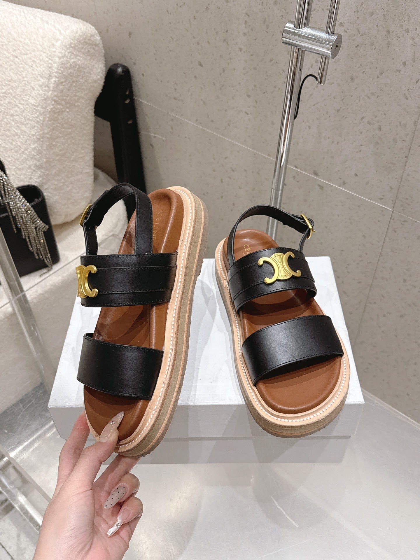 Celine Triomphe Sandals Black Brown Calfskin 610937
