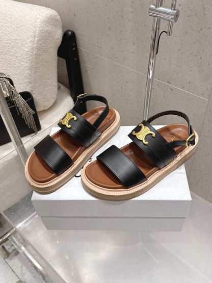 Celine Triomphe Sandals Black Brown Calfskin 610937