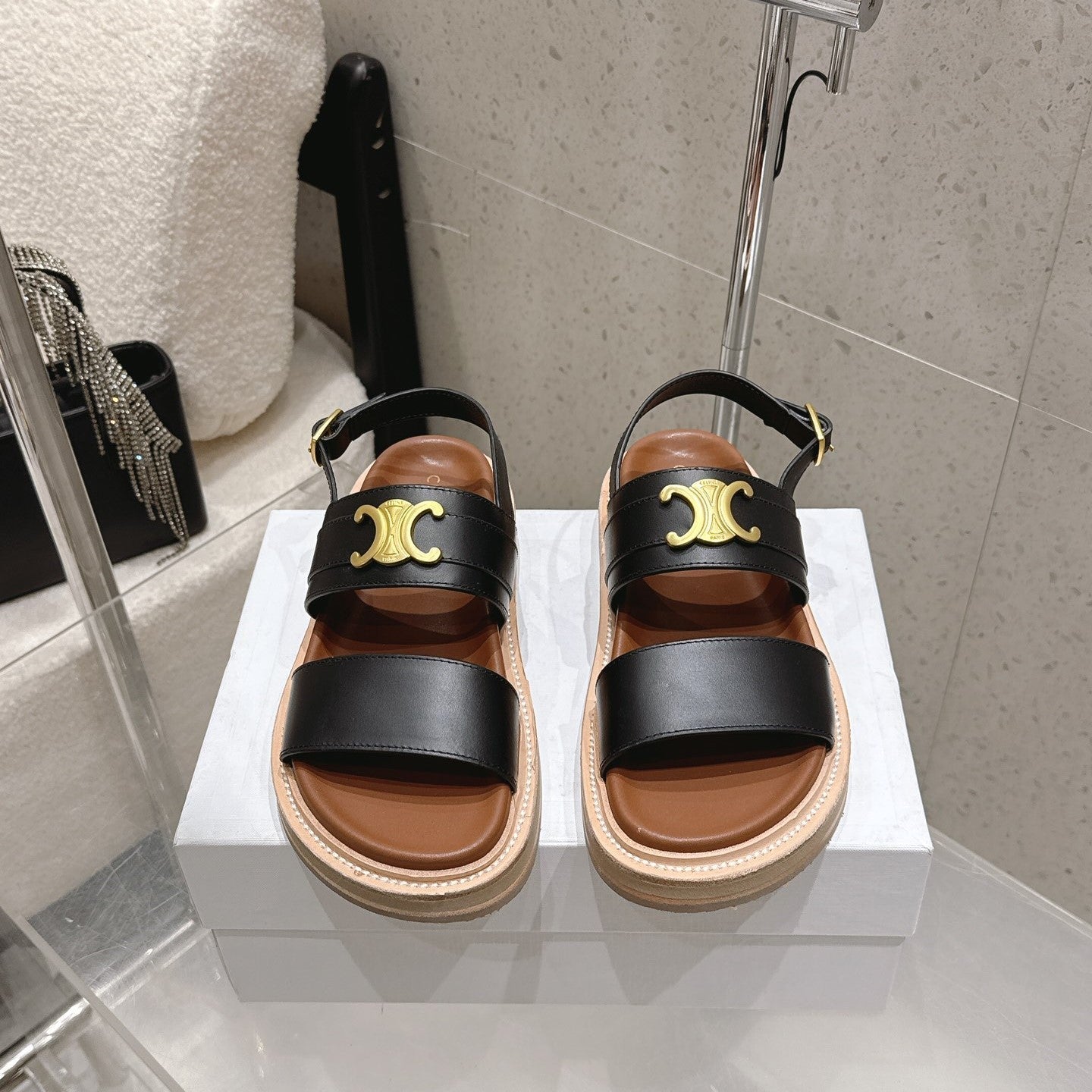 Celine Triomphe Sandals Black Brown Calfskin 610937