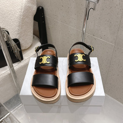 Celine Triomphe Sandals Black Brown Calfskin 610937