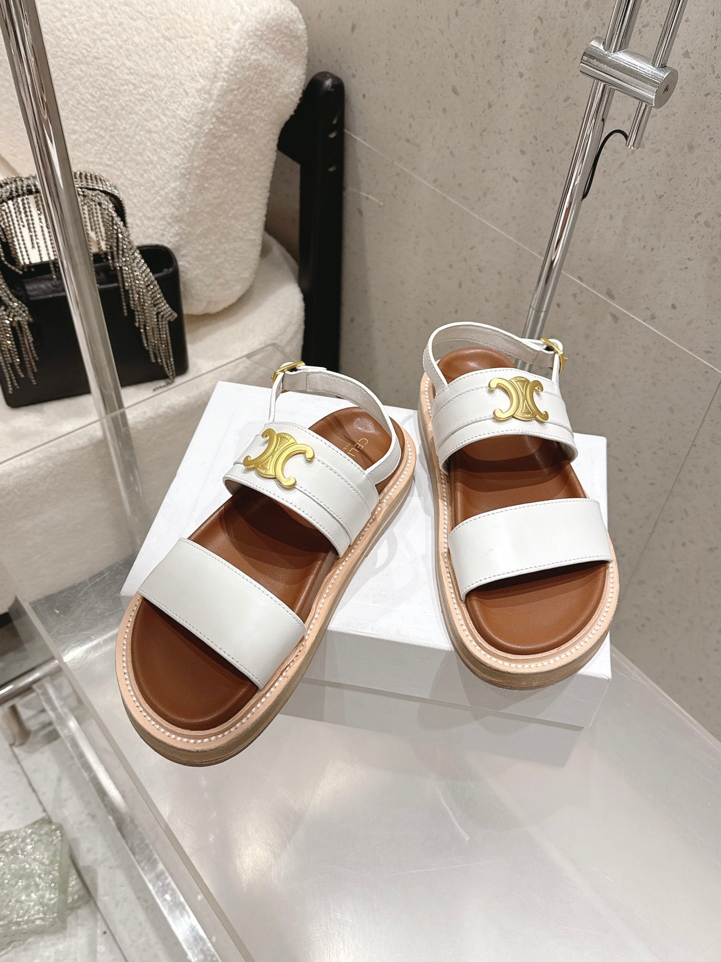 Celine Triomphe Sandals White Brown Calfskin 610939