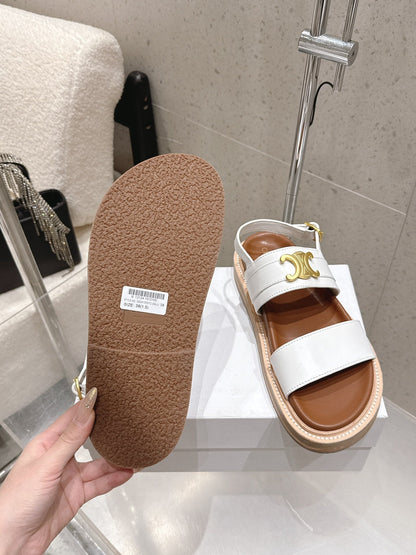Celine Triomphe Sandals White Brown Calfskin 610939