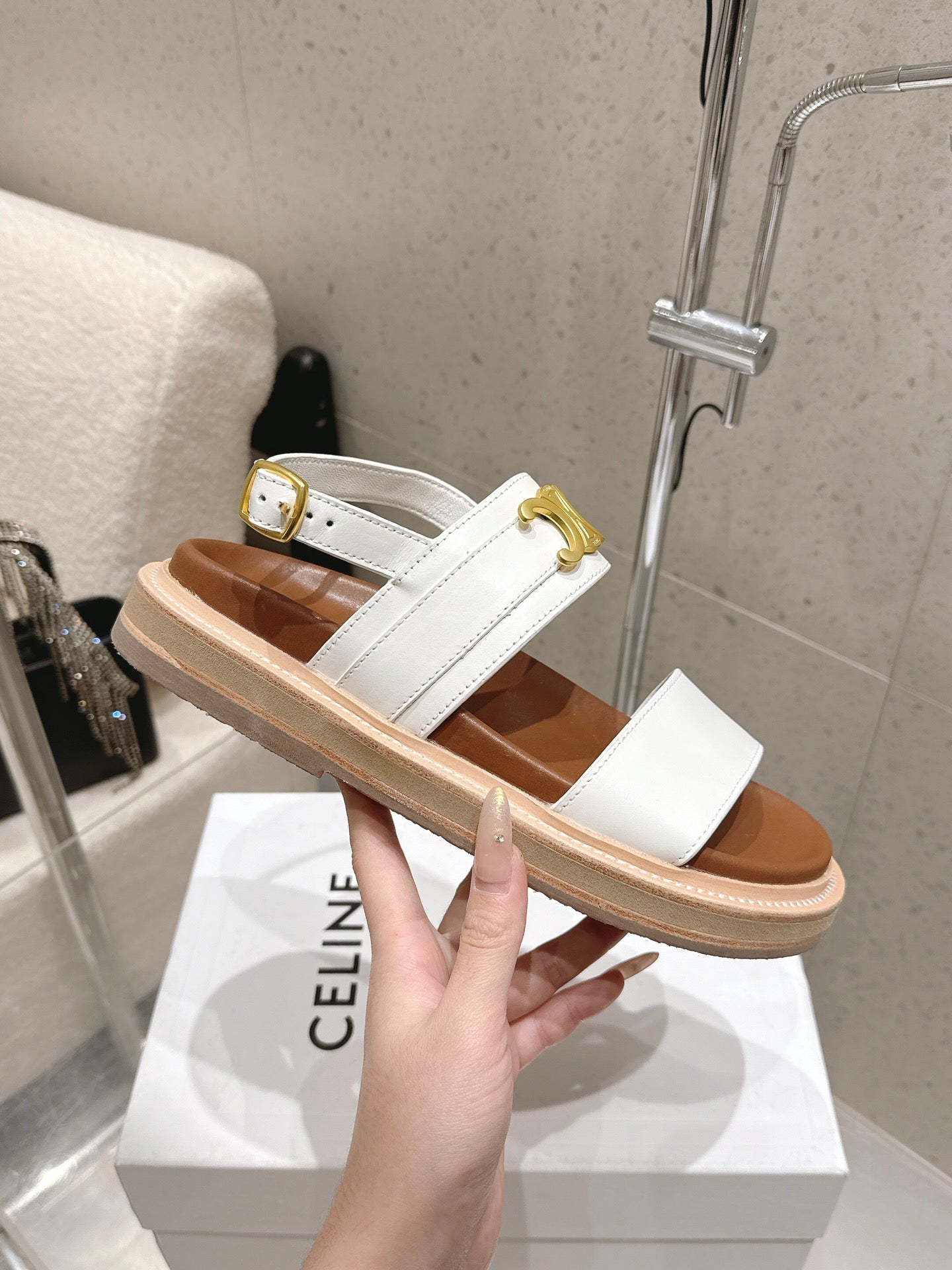 Celine Triomphe Sandals White Brown Calfskin 610939