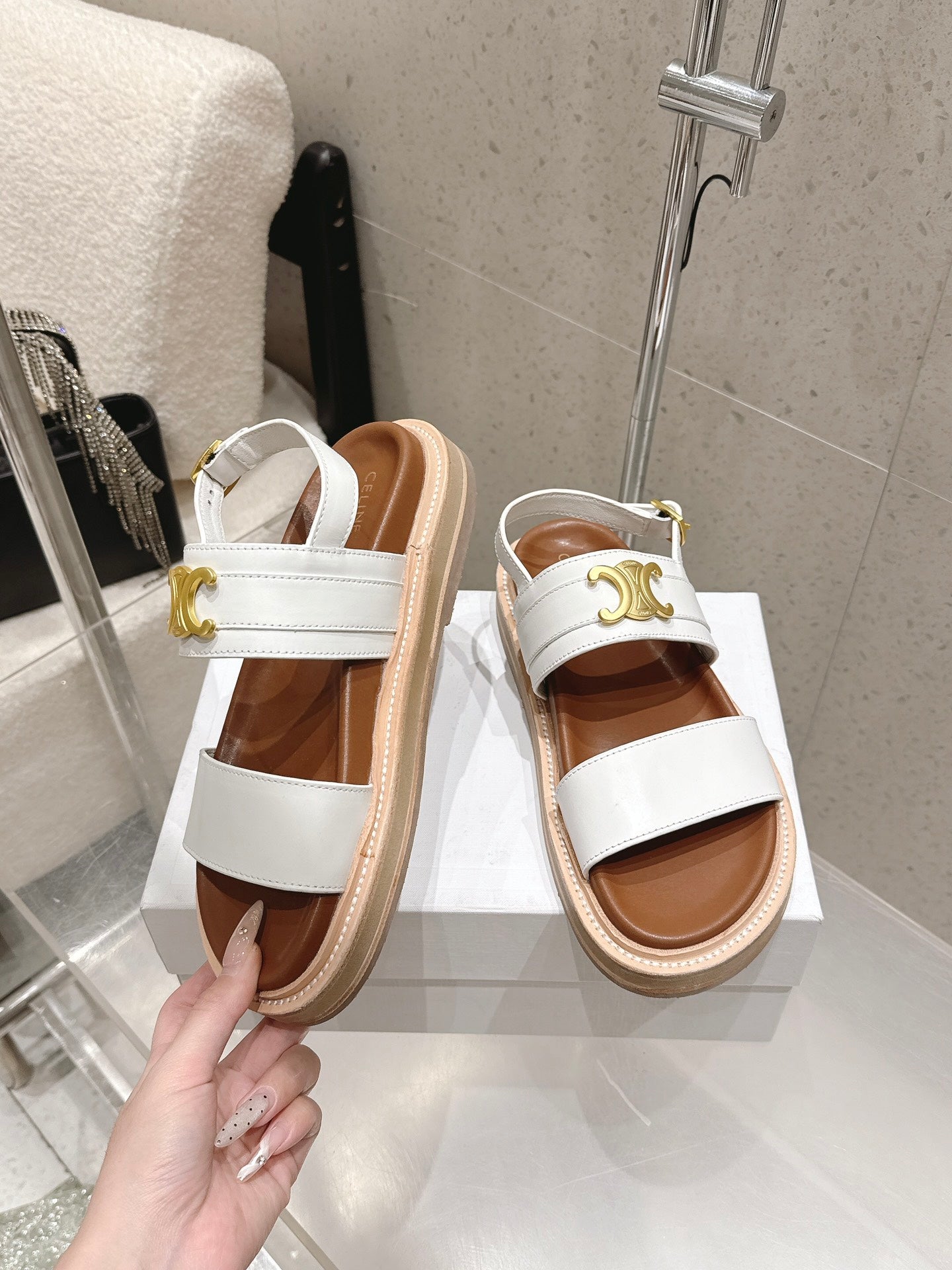 Celine Triomphe Sandals White Brown Calfskin 610939