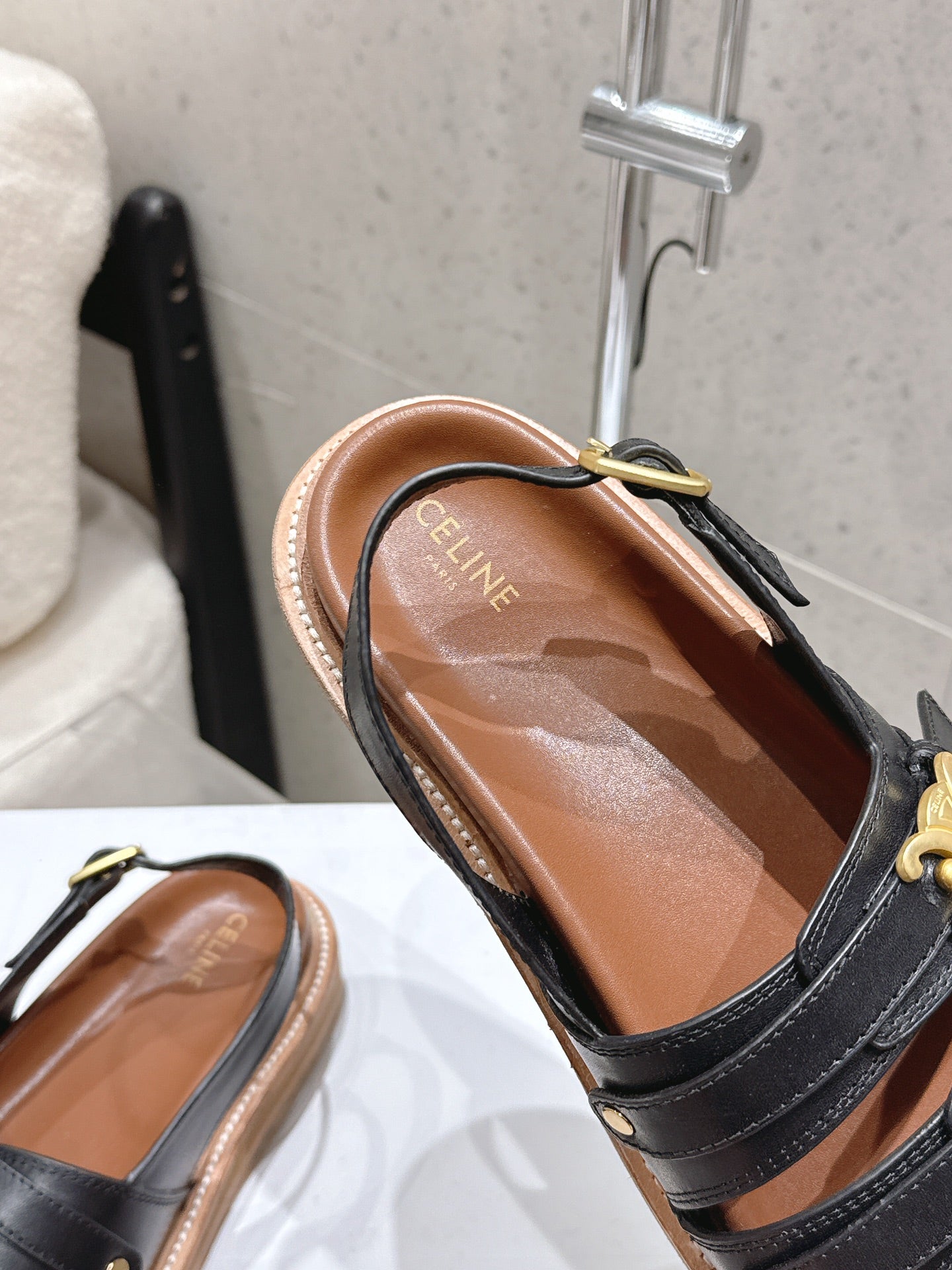 Celine Tippi Triomphe Sandals Black Brown Calfskin 610940