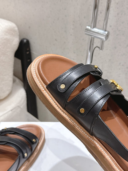 Celine Tippi Triomphe Sandals Black Brown Calfskin 610940
