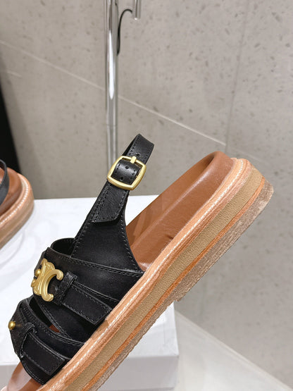 Celine Tippi Triomphe Sandals Black Brown Calfskin 610940