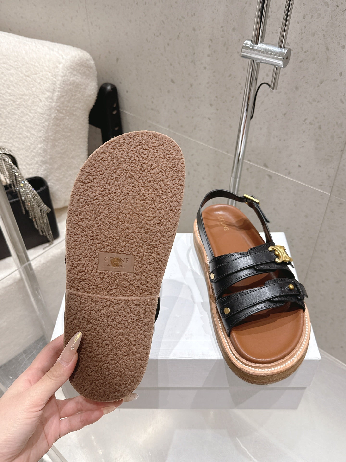 Celine Tippi Triomphe Sandals Black Brown Calfskin 610940
