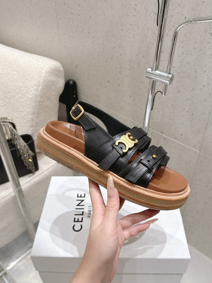 Celine Tippi Triomphe Sandals Black Brown Calfskin 610940