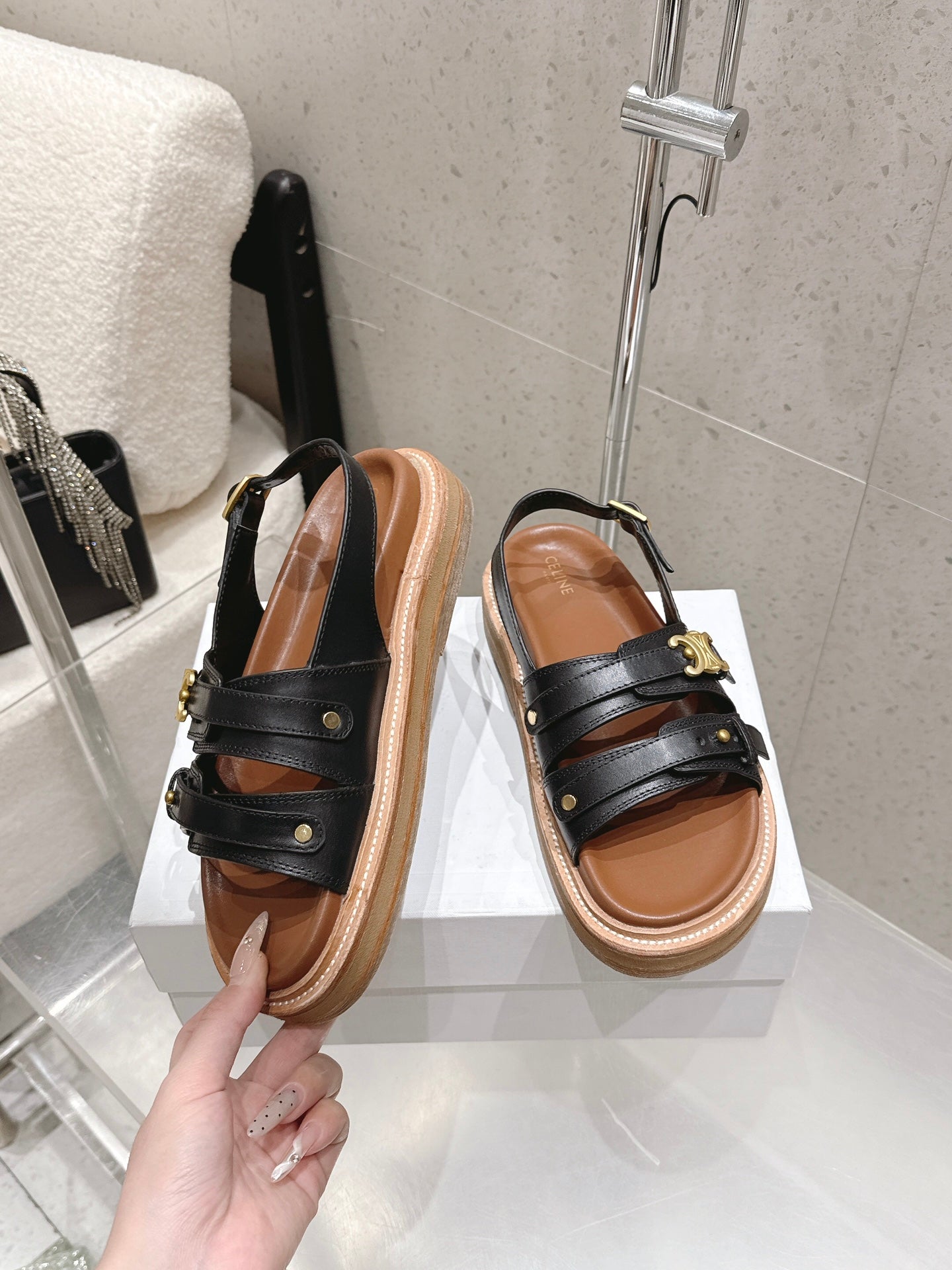 Celine Tippi Triomphe Sandals Black Brown Calfskin 610940