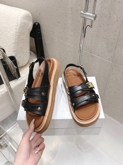 Celine Tippi Triomphe Sandals Black Brown Calfskin 610940
