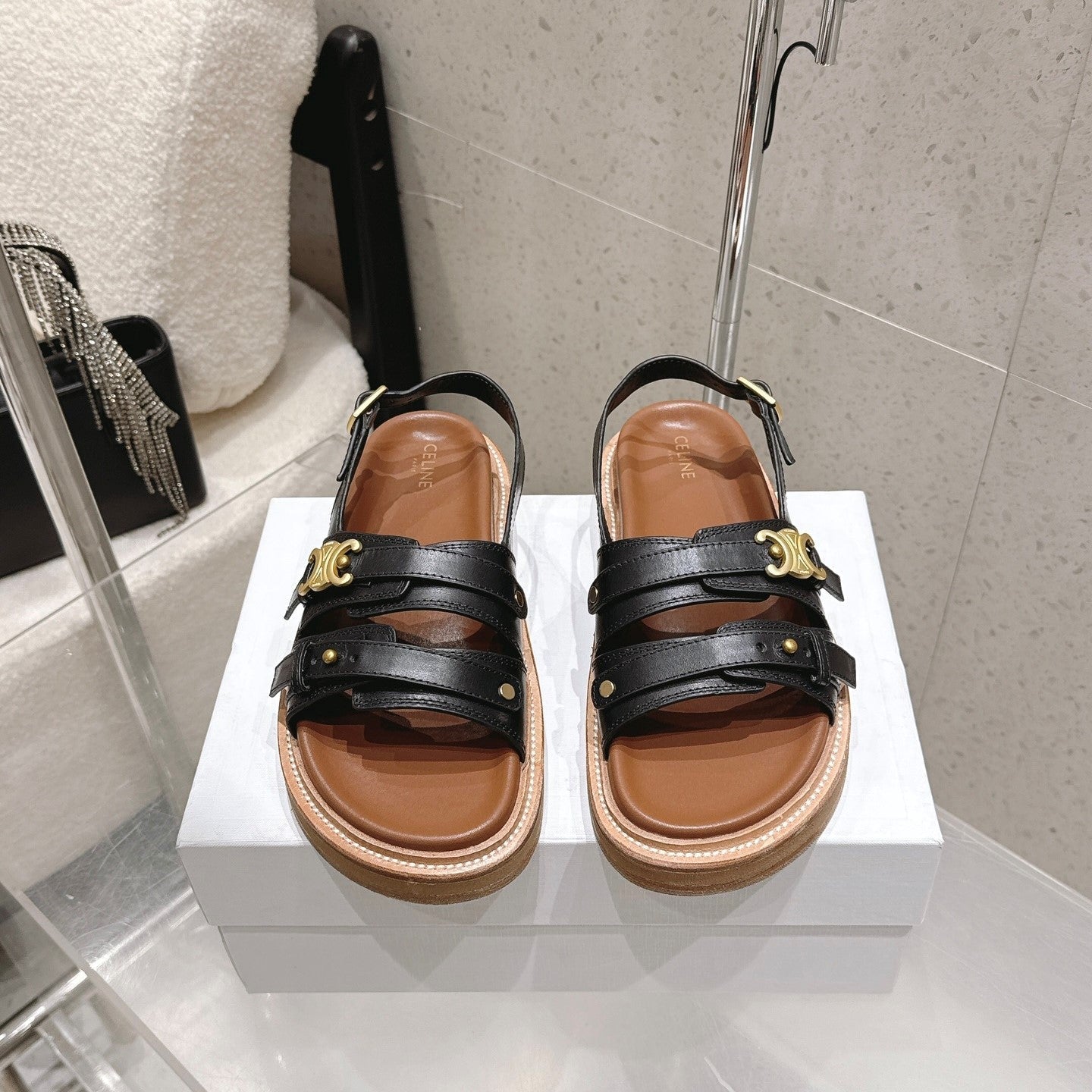 Celine Tippi Triomphe Sandals Black Brown Calfskin 610940