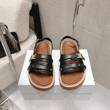Celine Tippi Triomphe Sandals Black Brown Calfskin 610940