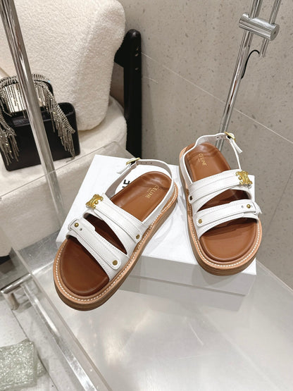 Celine Tippi Triomphe Sandals White Brown Calfskin 610941