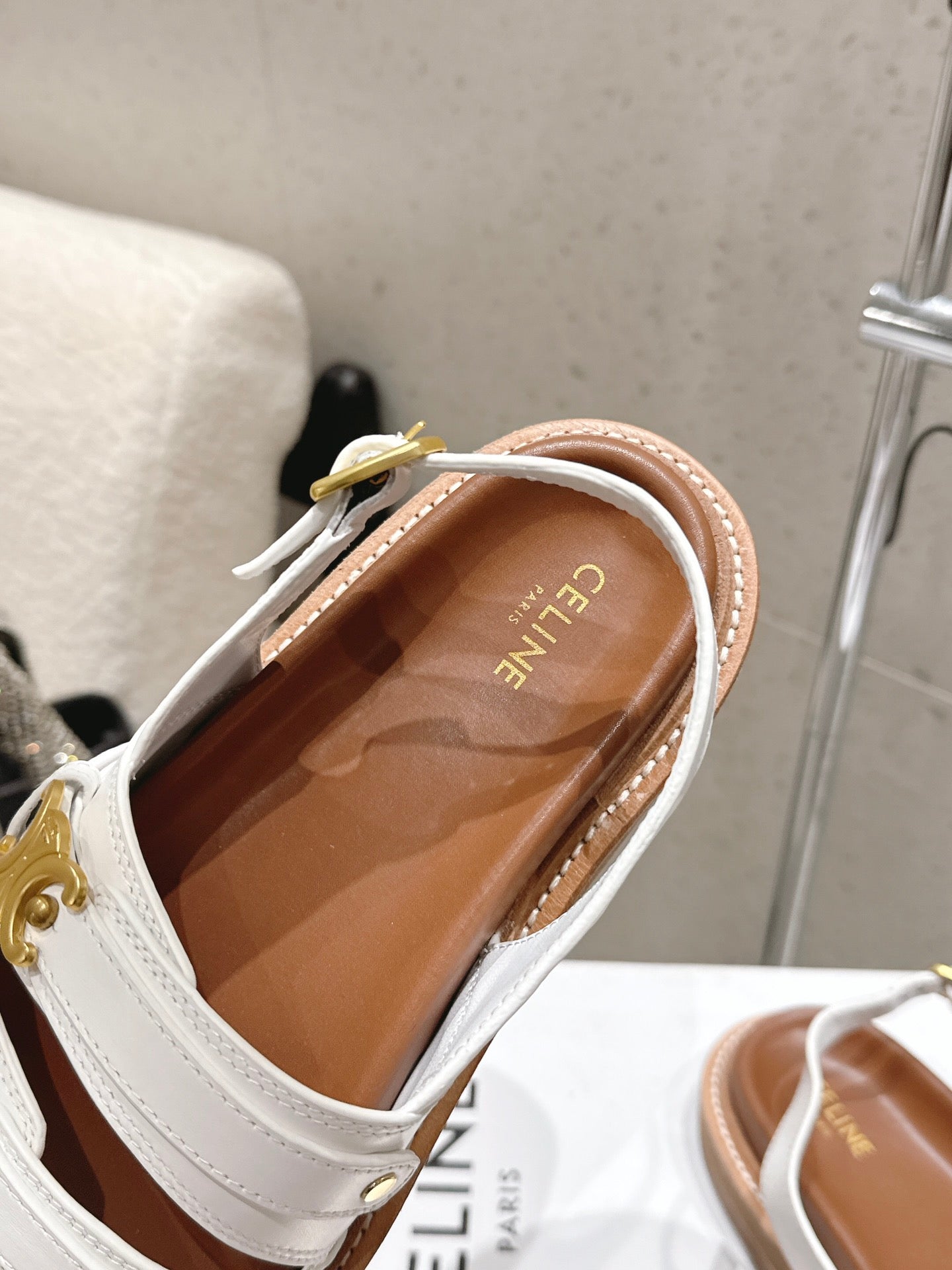 Celine Tippi Triomphe Sandals White Brown Calfskin 610941