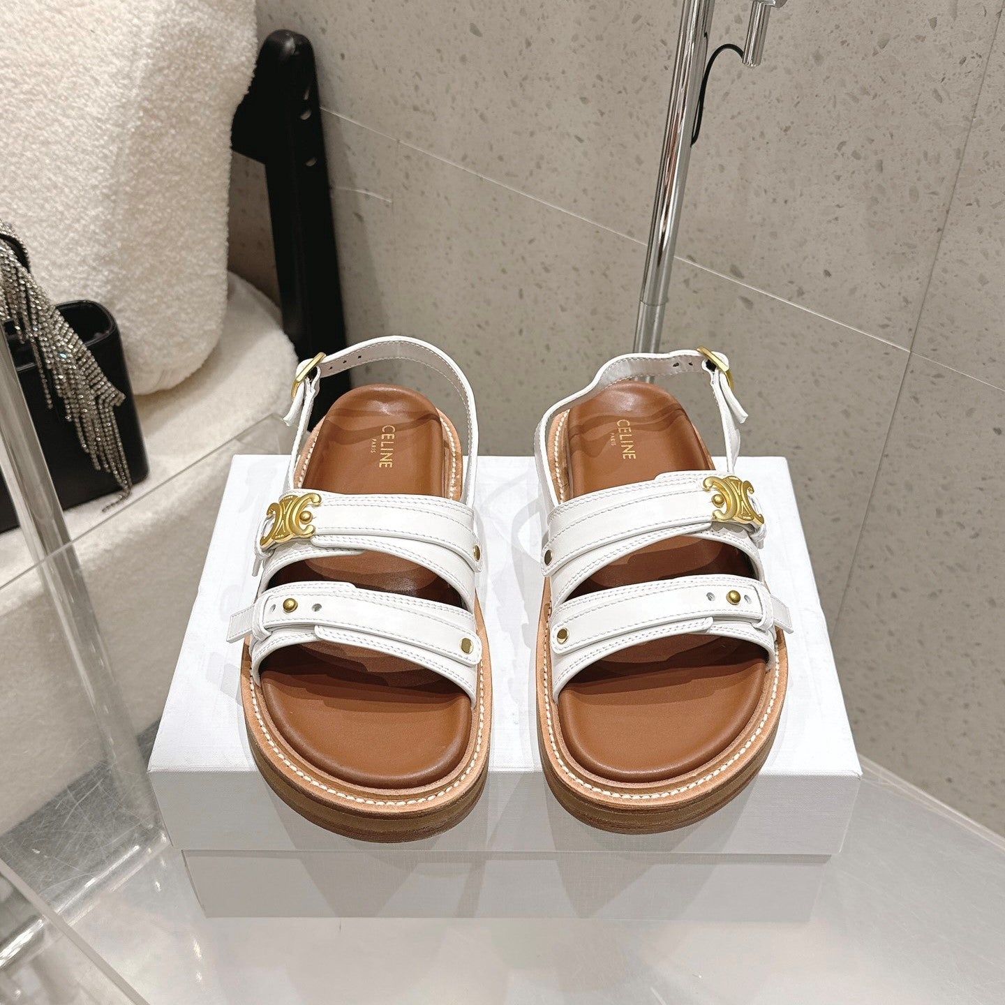 Celine Tippi Triomphe Sandals White Brown Calfskin 610941