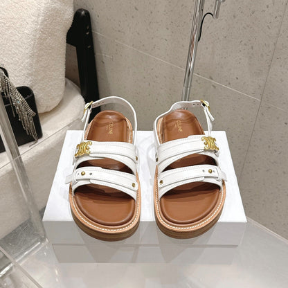 Celine Tippi Triomphe Sandals White Brown Calfskin 610941
