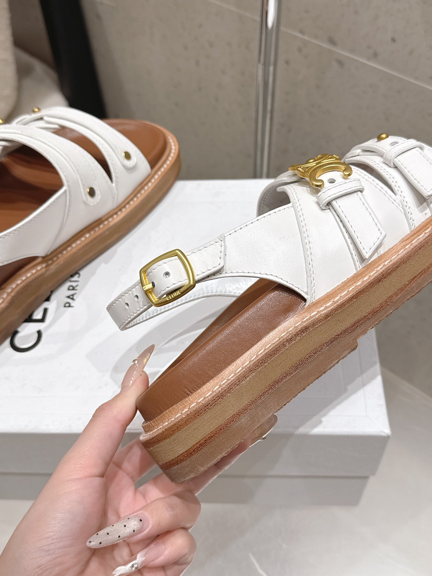 Celine Tippi Triomphe Sandals White Brown Calfskin 610941