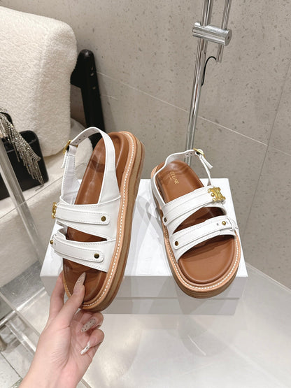 Celine Tippi Triomphe Sandals White Brown Calfskin 610941