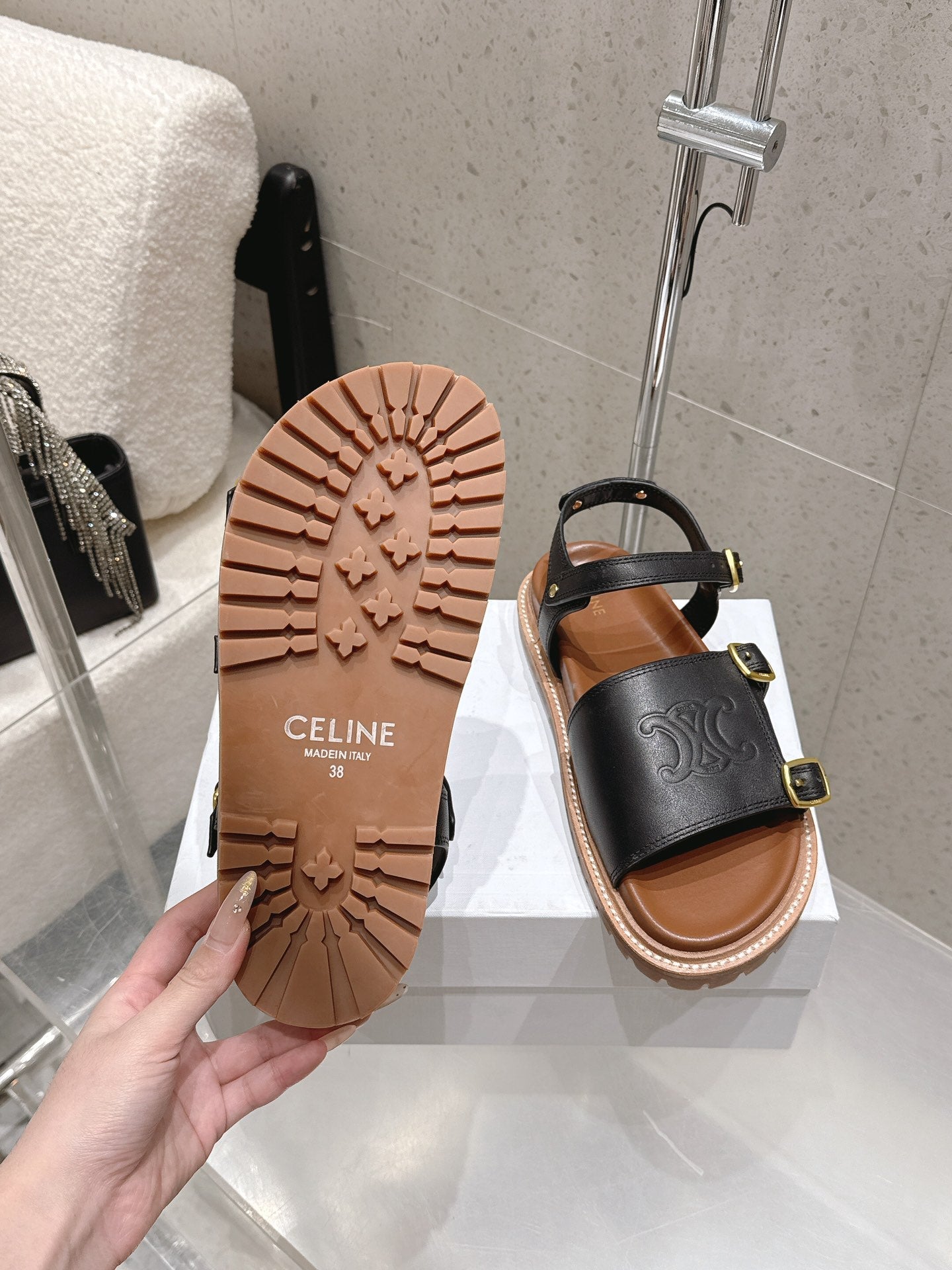 Celine Triomphe Sandals Black Brown Leather 610942
