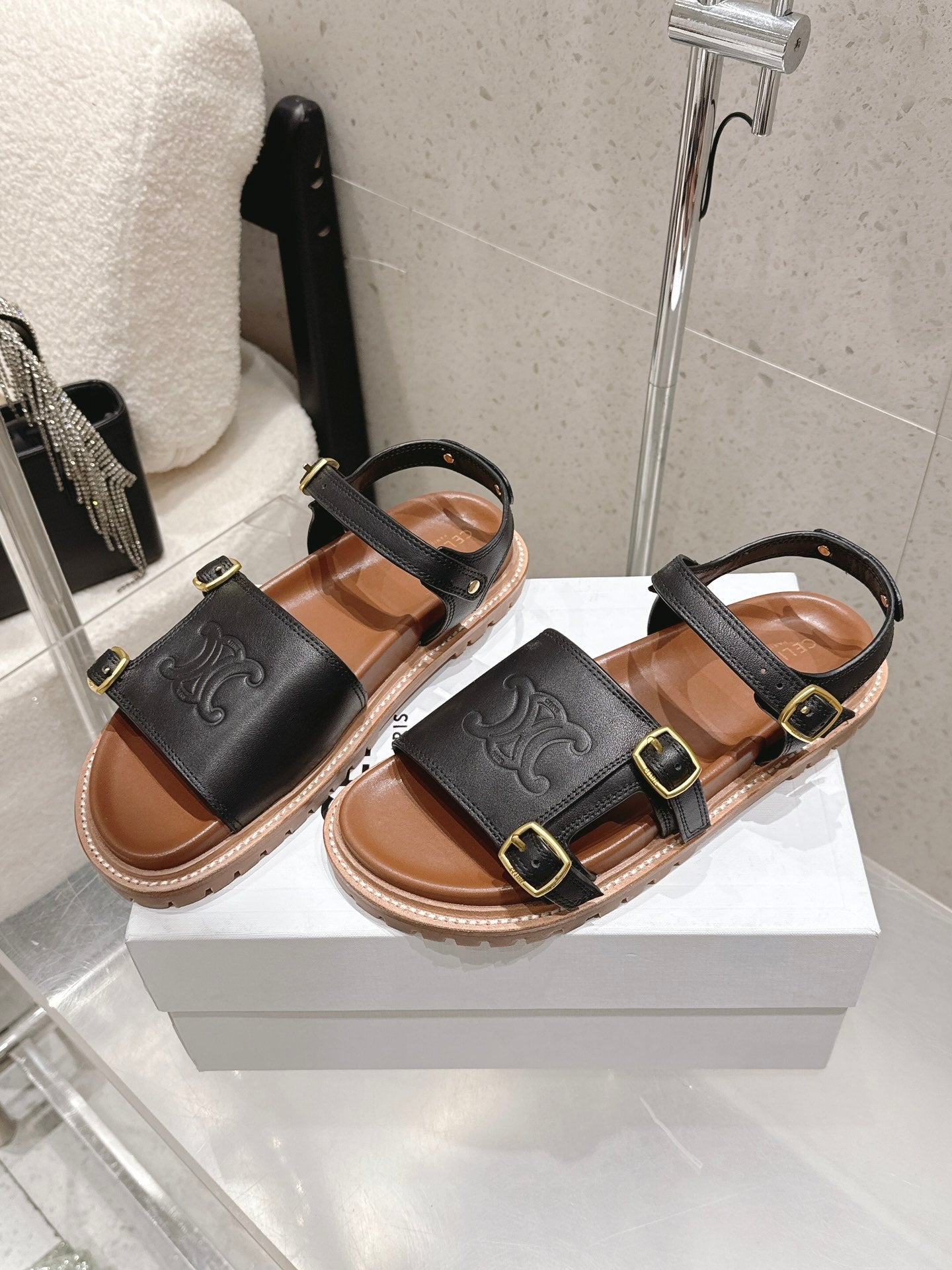Celine Triomphe Sandals Black Brown Leather 610942