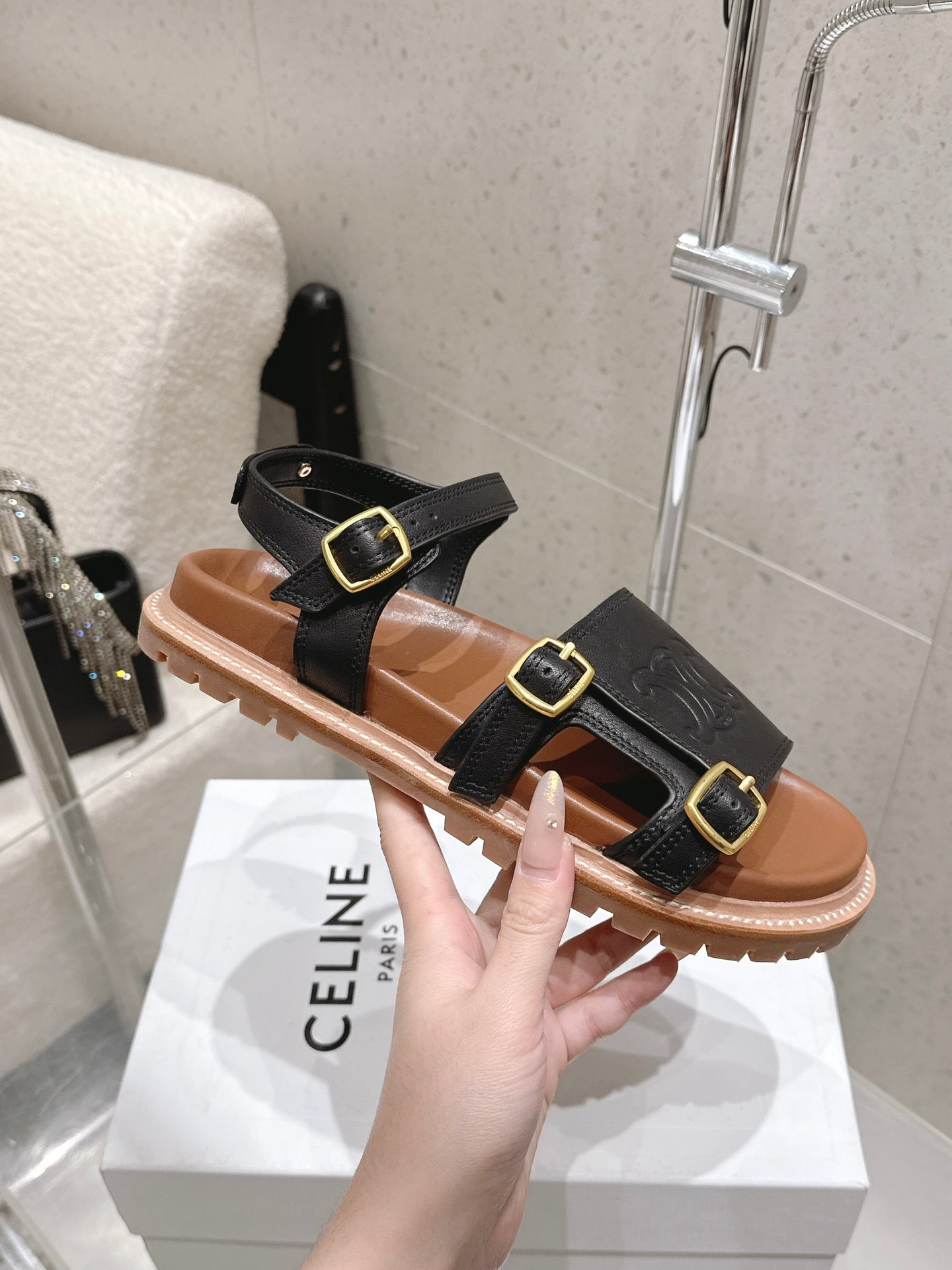 Celine Triomphe Sandals Black Brown Leather 610942