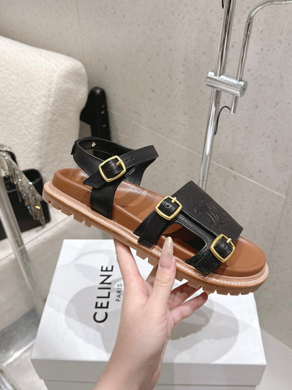 Celine Triomphe Sandals Black Brown Leather 610942