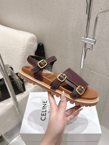 Celine Triomphe Sandals Brown Leather 610943