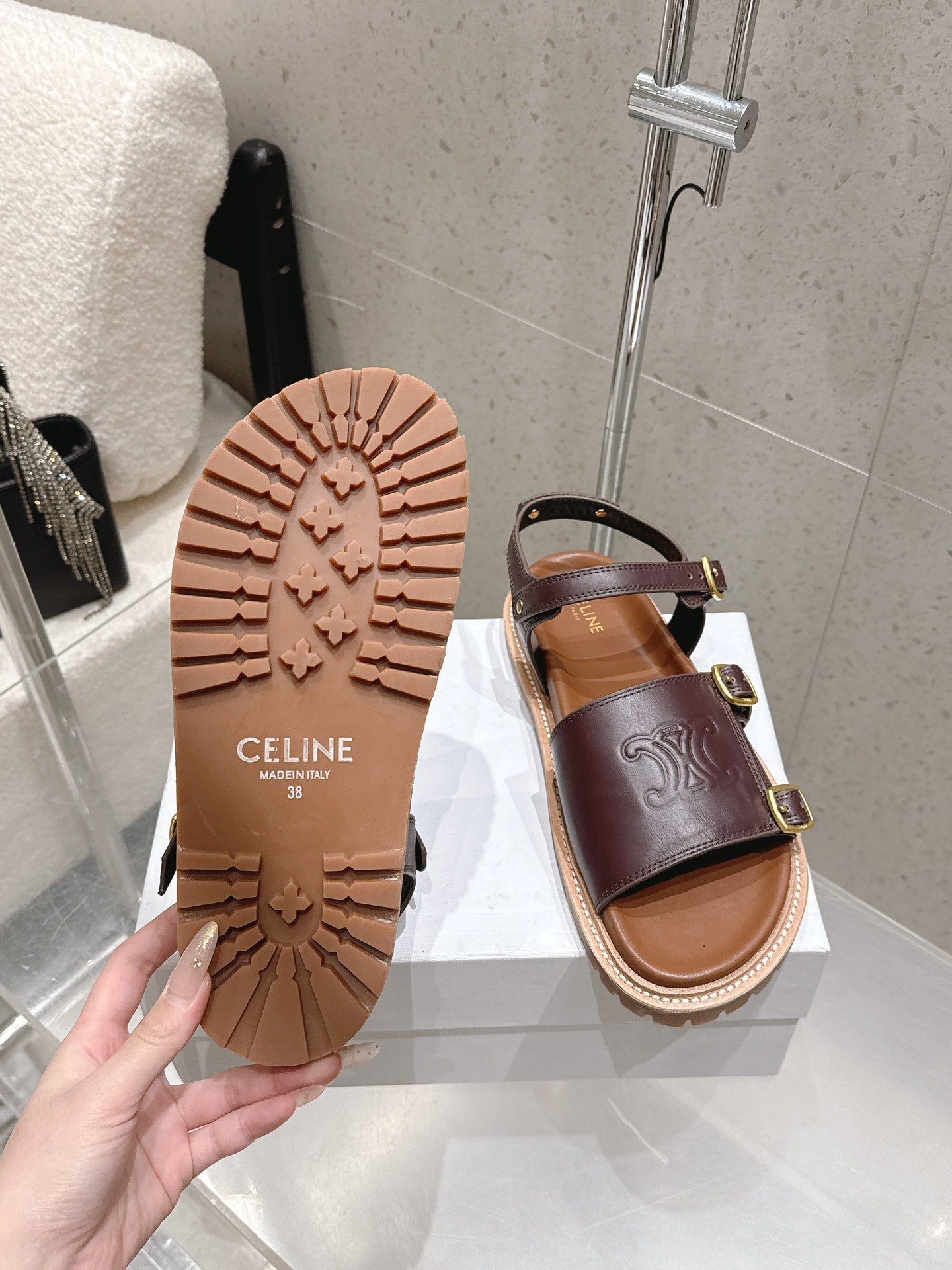 Celine Triomphe Sandals Brown Leather 610943