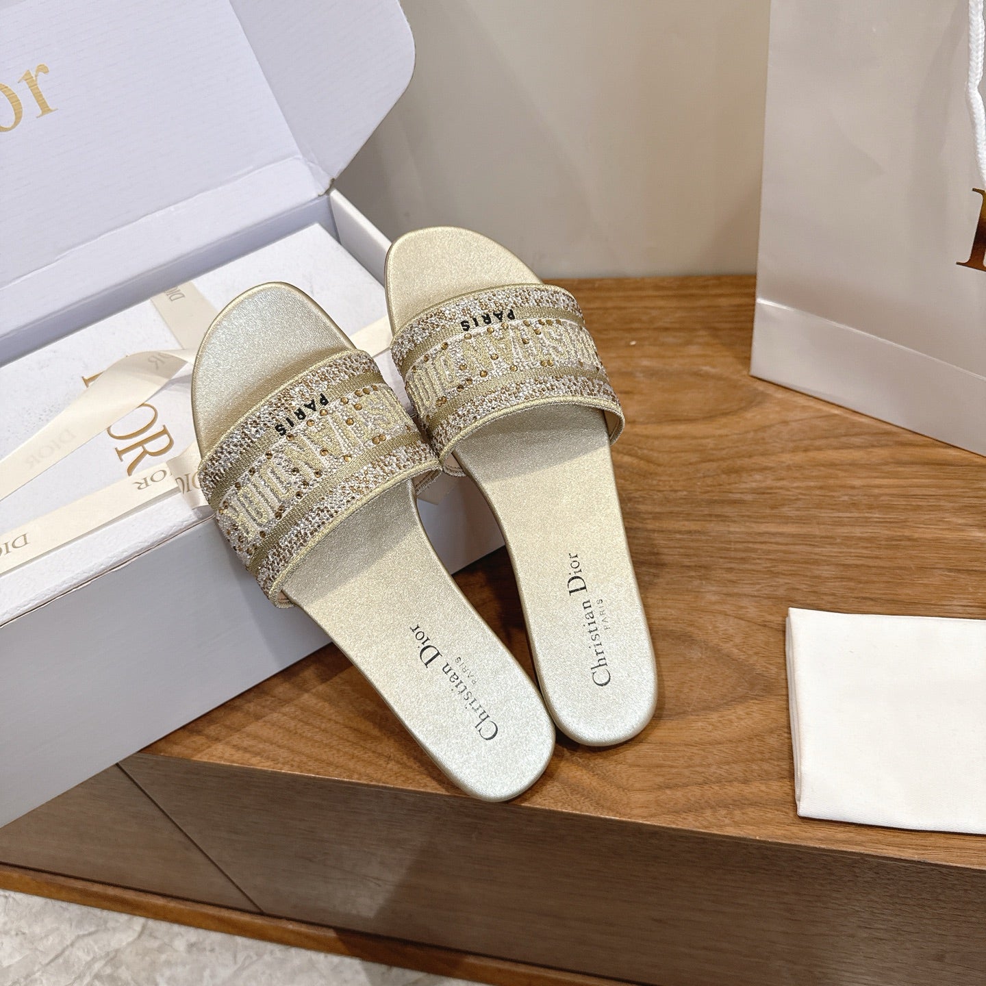 CD 26s Embroidered Sandals Gold Champage  Canvas Leather 685616