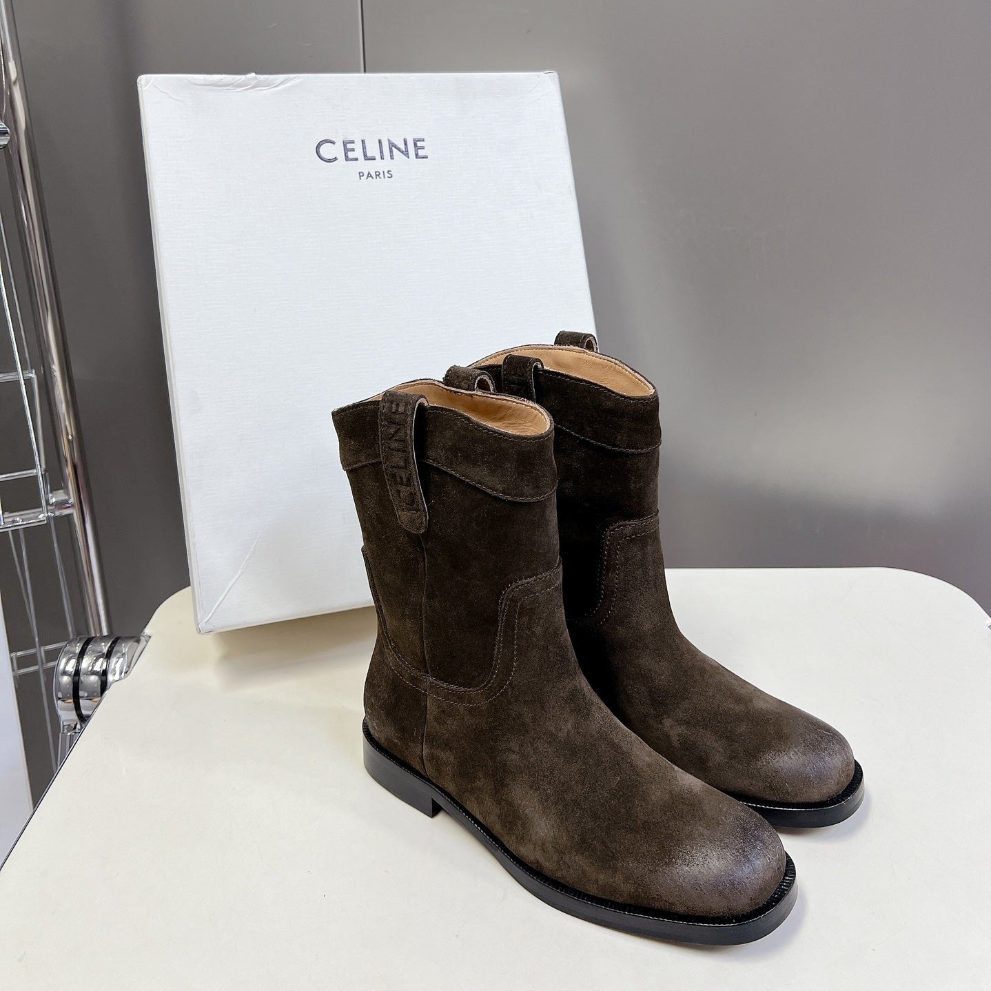 CELINE 25 cowboy boots dark brown suede 434412