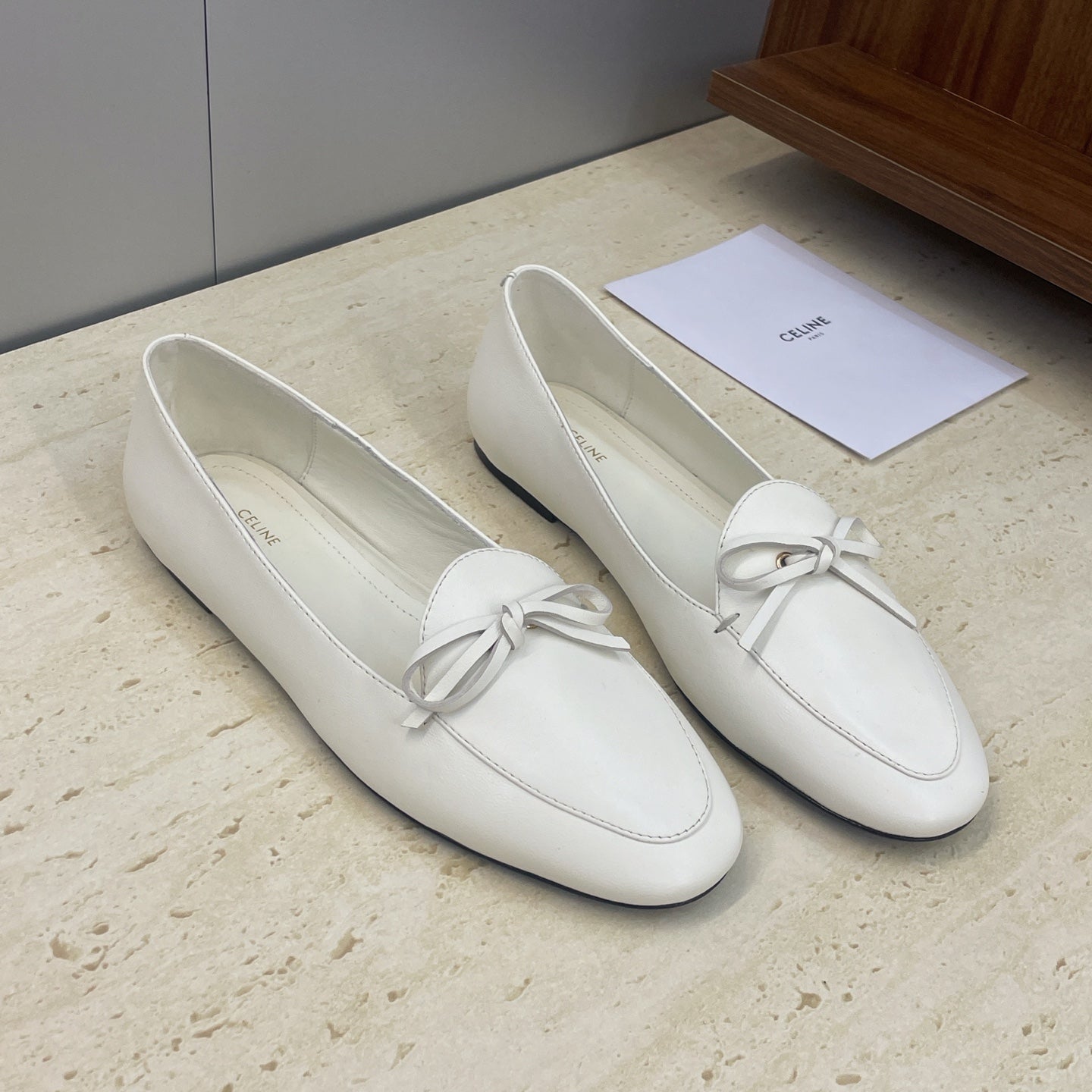 Celine 26s Ballet Flats In White Lambskin With Bow