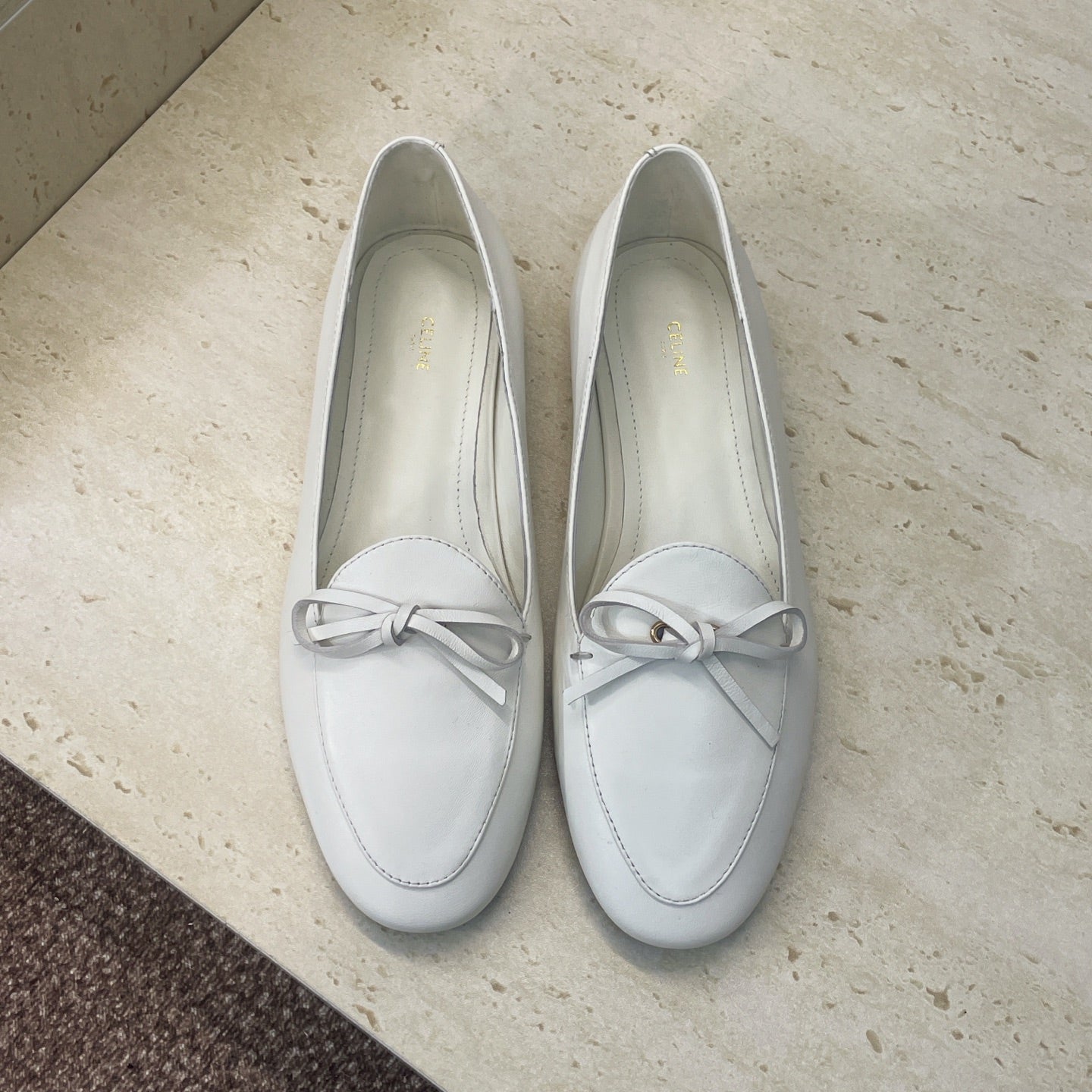 Celine 26s Ballet Flats In White Lambskin With Bow