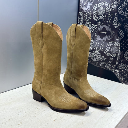Celine 26s Mid-Calf Boots 4.5cm Khaki Suede 959452