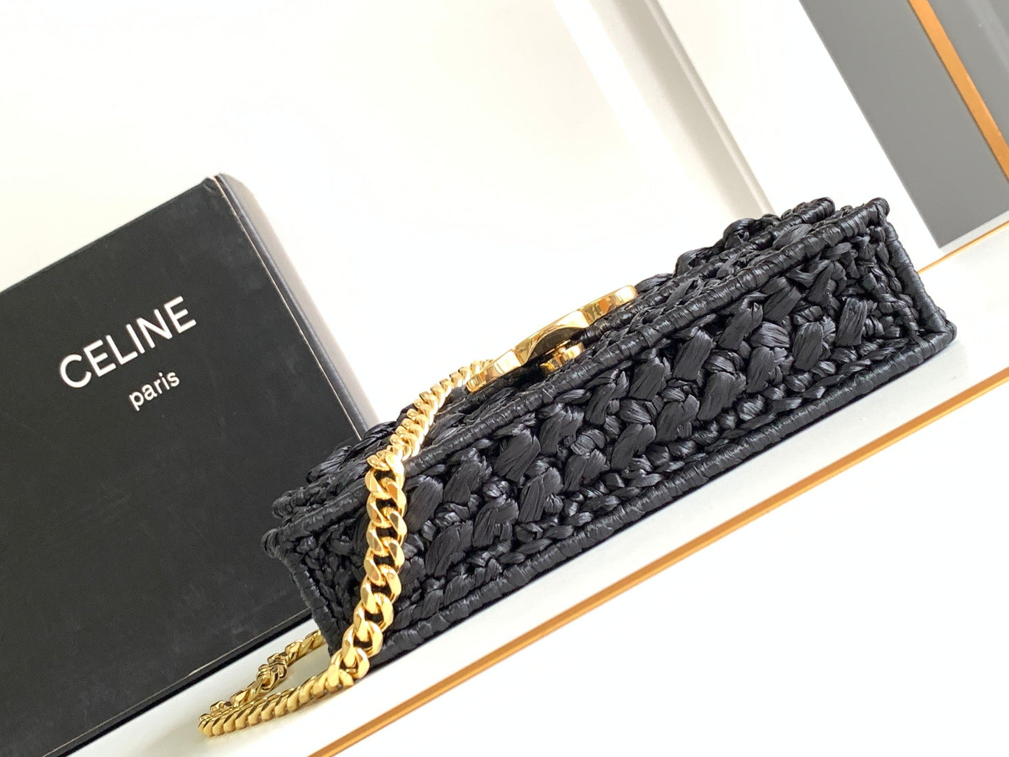 Celine Triomphe 20cm Black Raffia Gold Hardware